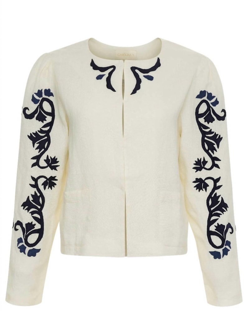 Front of a size L Ali Jacket in Scrolls Marine in Scrolls Marine by CAROLINA K. | dia_product_style_image_id:363281